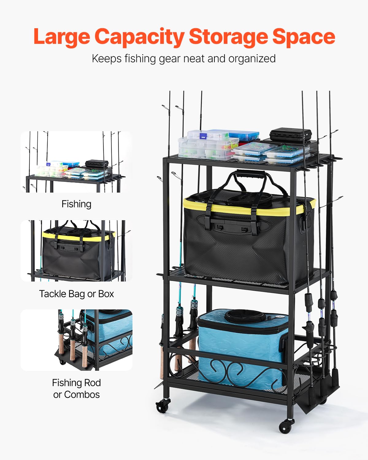 VEVOR rod cart with 360-degree rotation supports quick gear repositioning.