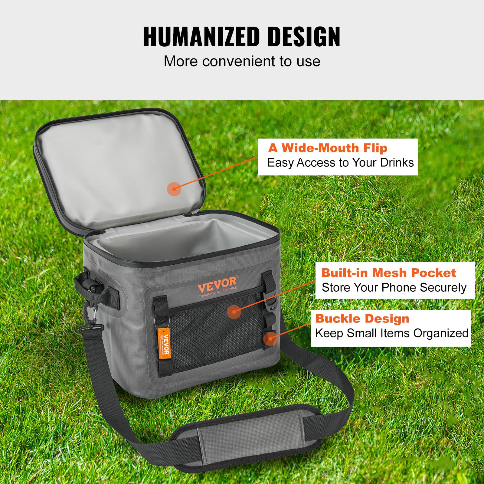 VEVOR Soft Cooler 24 Cans waterproof seal prevents leaks during activities.