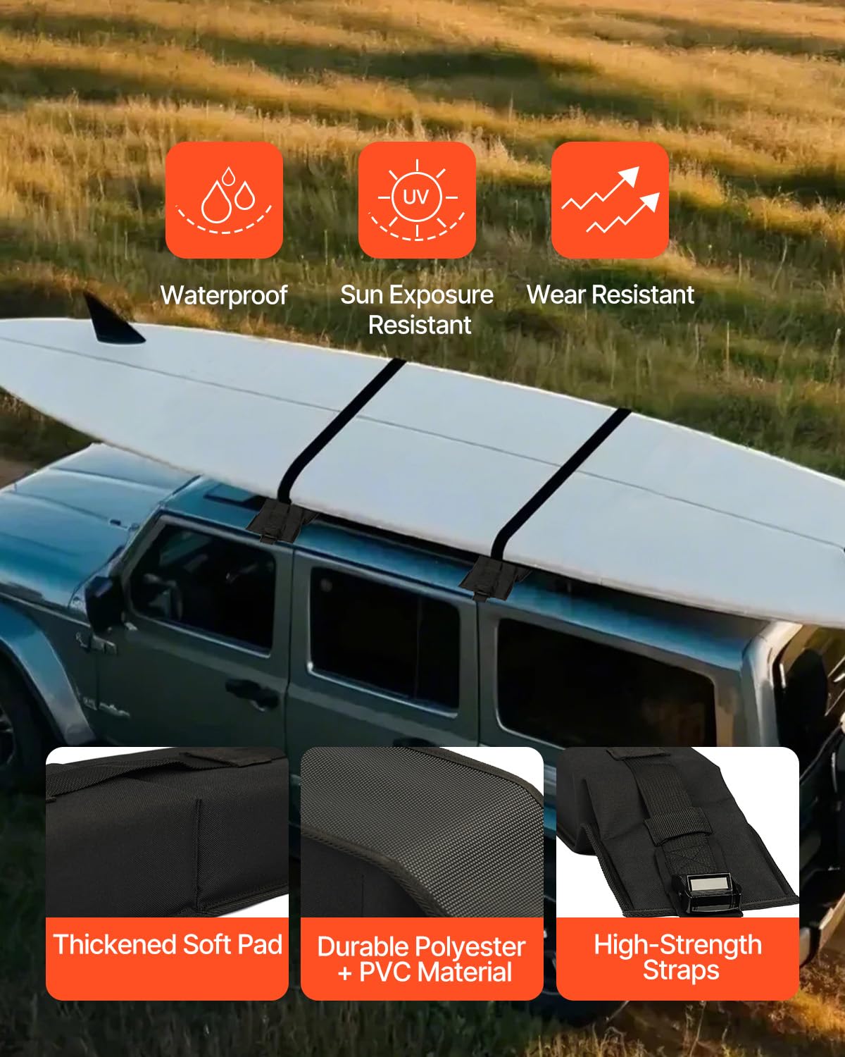 VEVOR roof pads ready for kayaks, surfboards, and other gear.