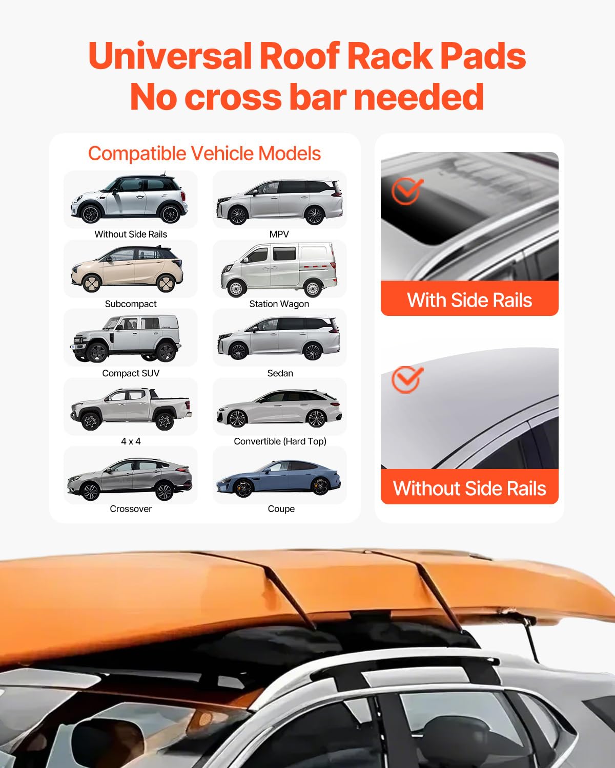VEVOR roof rack pads showing included straps for tool-free installation.