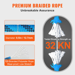 VEVOR blue rope in hand, low-stretch handling for control