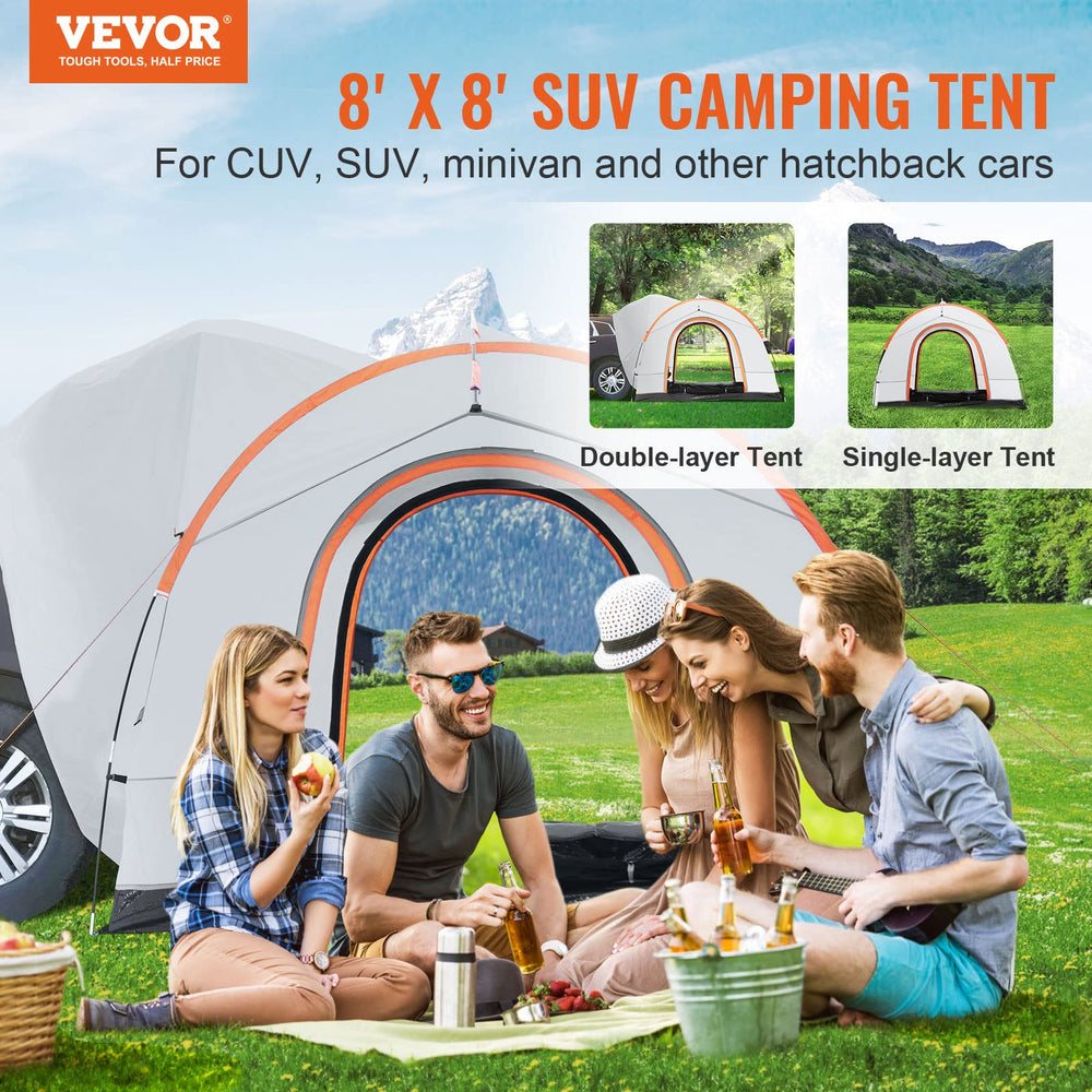 VEVOR SUV camping tent attached to rear hatch enabling versatile vehicle camping
