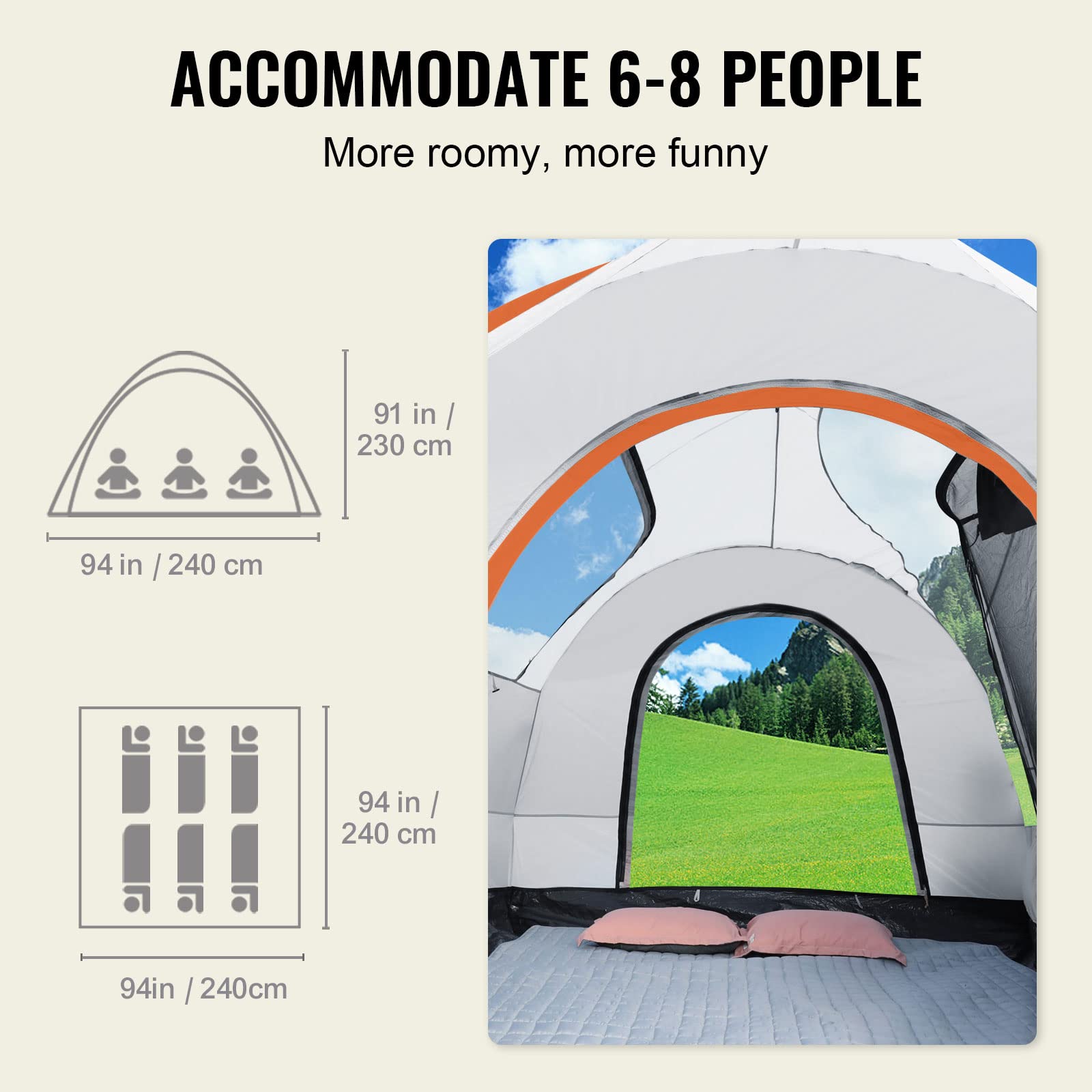 VEVOR SUV camping tent interior space accommodates 6-8 people comfortably