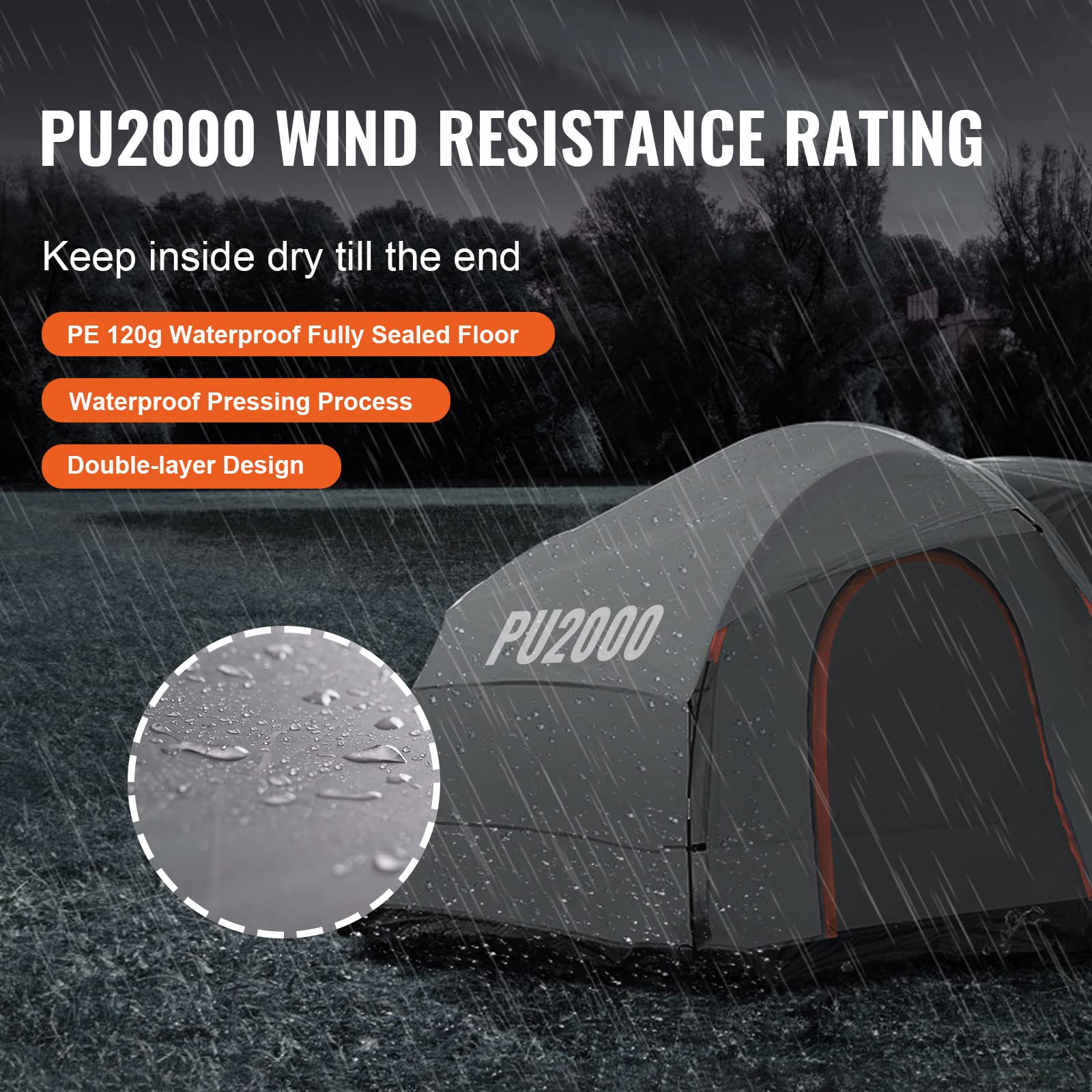 VEVOR SUV camping tent PU2000mm waterproofing protects against rain and wind