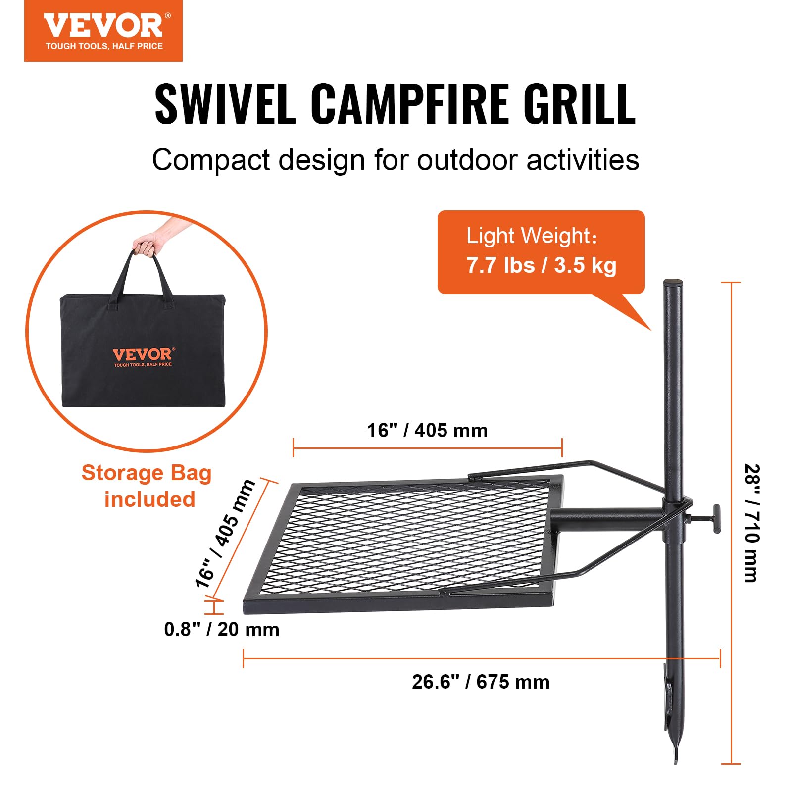 VEVOR Swivel Campfire Grill diamond-mesh heat distribution for even cooking