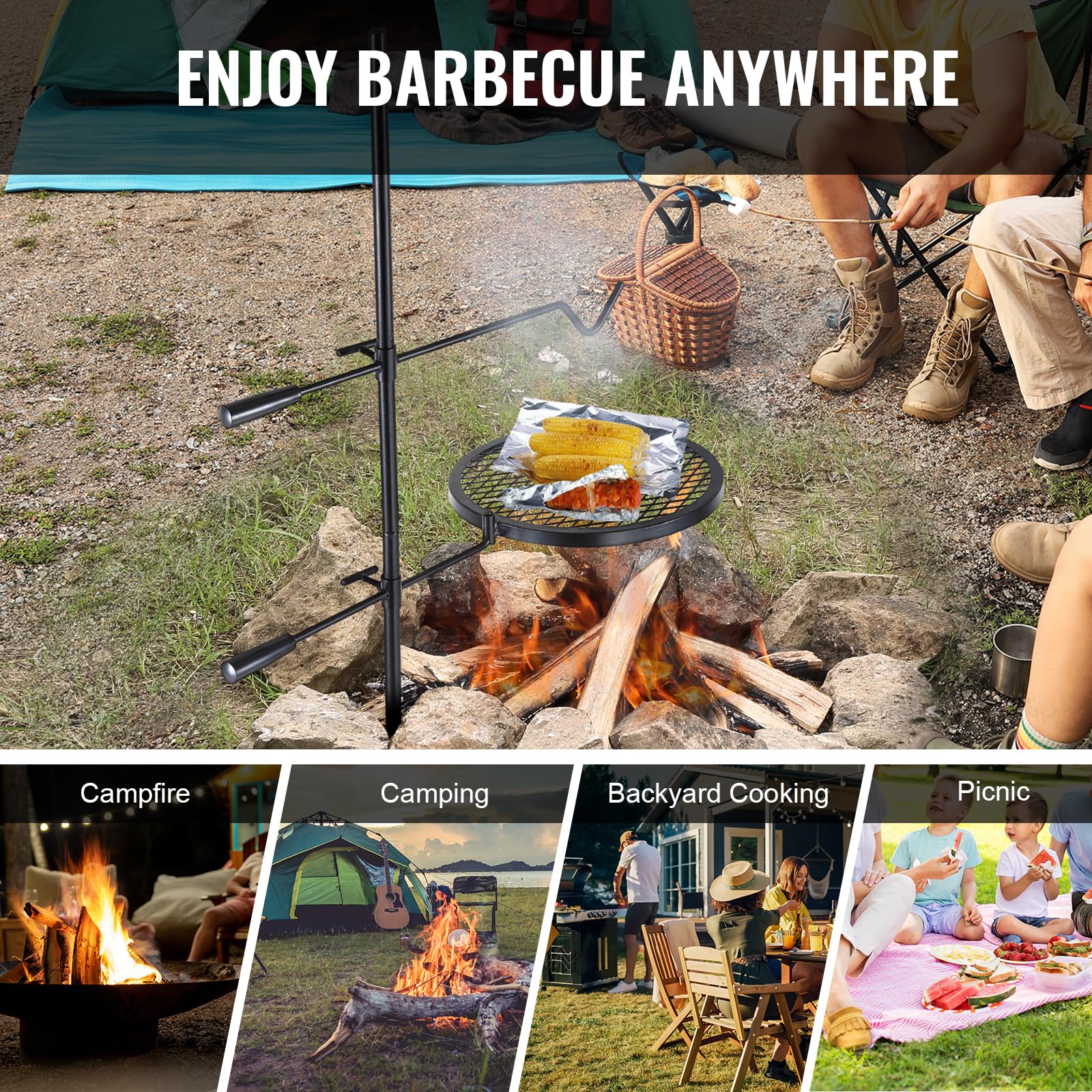VEVOR Swivel Campfire Grill diamond mesh distributes heat evenly for campfire meals