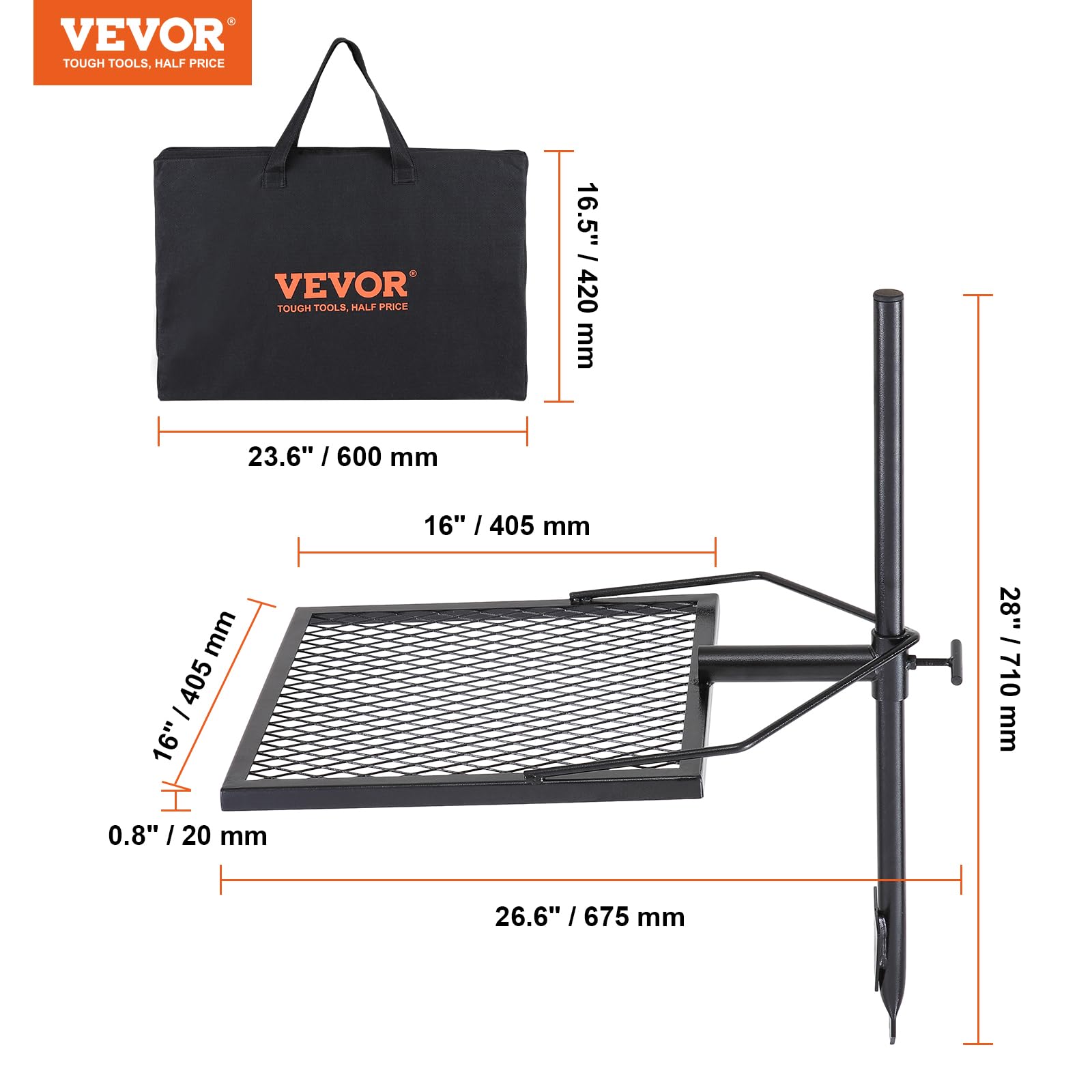 VEVOR Swivel Campfire Grill spiral-spring handle reduces hot-hand risk