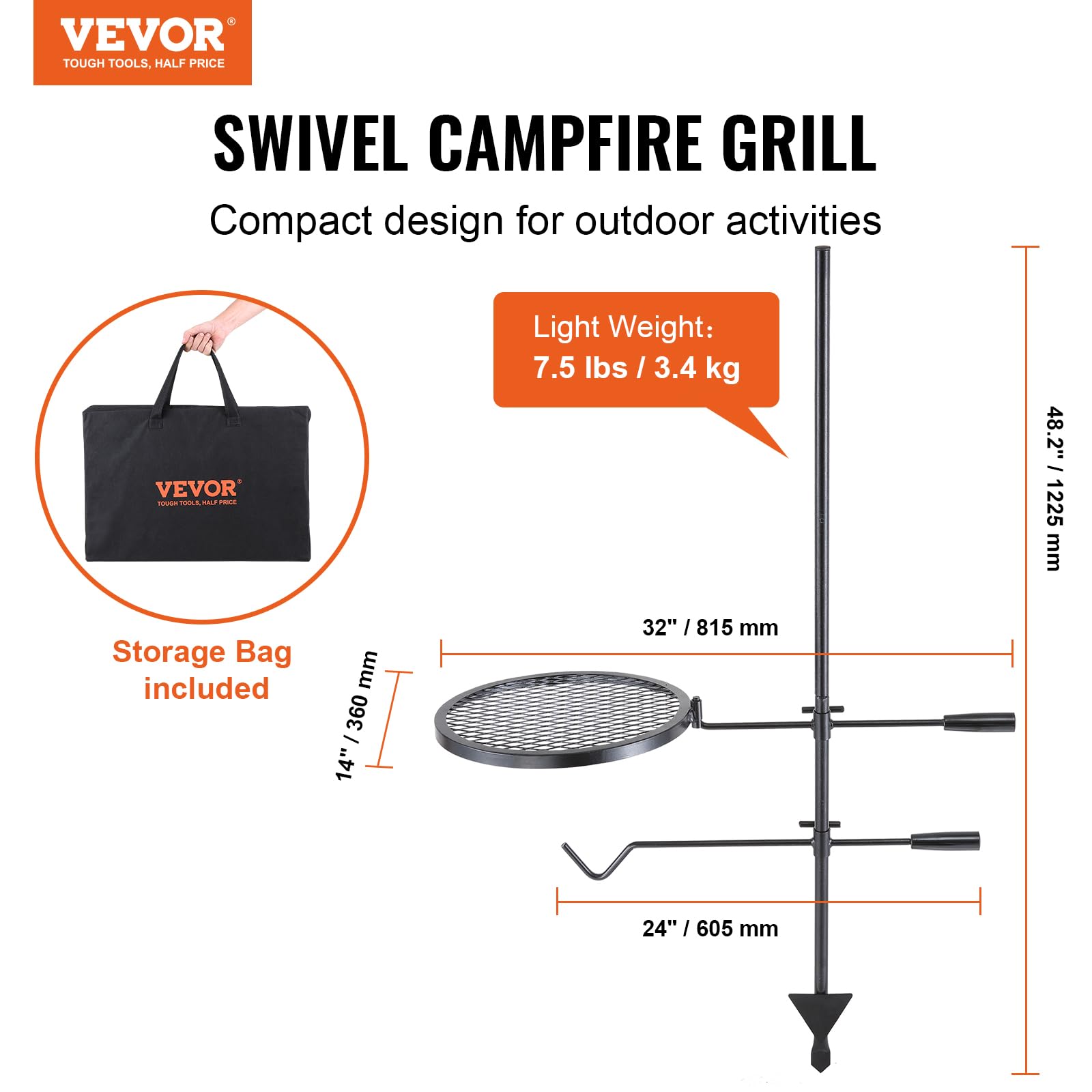 VEVOR Swivel Campfire Grill in wearable bag for secure storage on trips