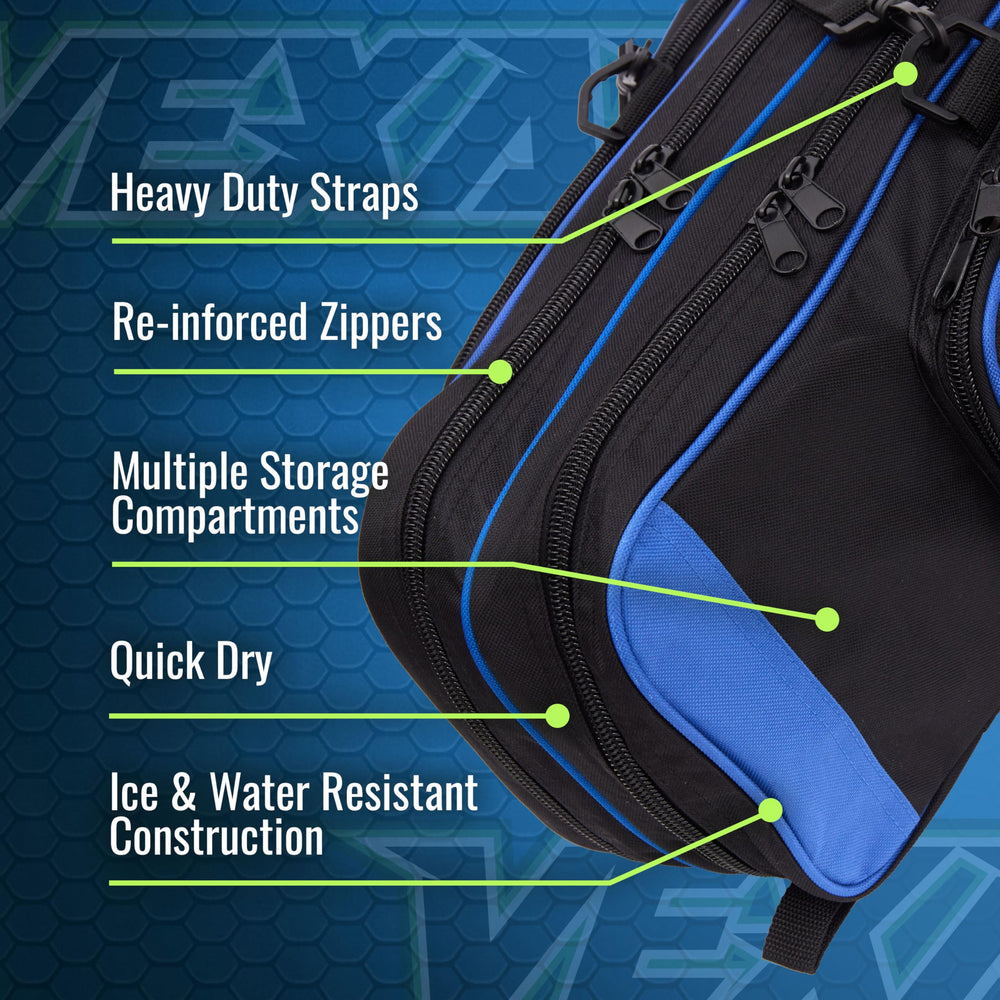 Interior of Vexan ice fishing rod case showing padded compartments