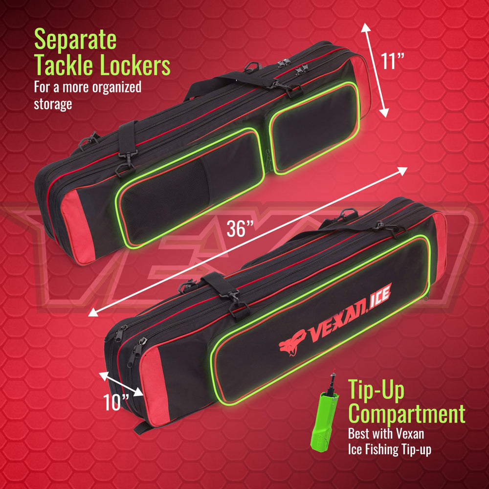 Vexan Ice Fishing Rod Case exterior pockets store tip-ups and tools for quick changes.