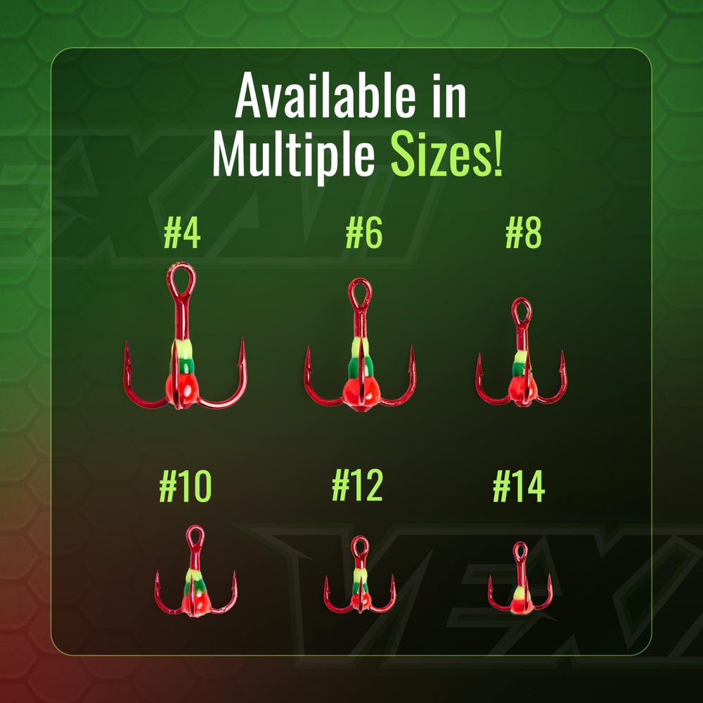 Multiple sizes available: size 4 treble hook with glow crystals