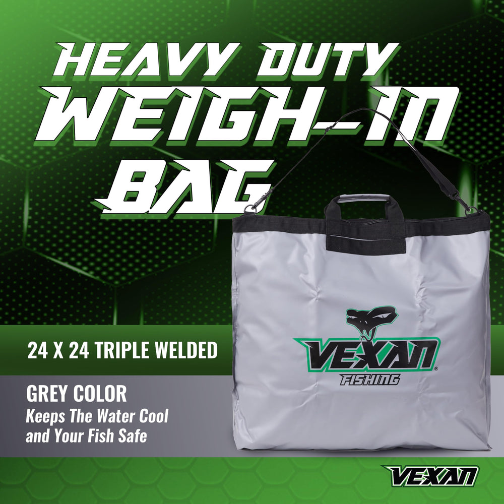 Vexan weigh-in bag highlights 24x24 capacity suitable for multiple bass or walleye.