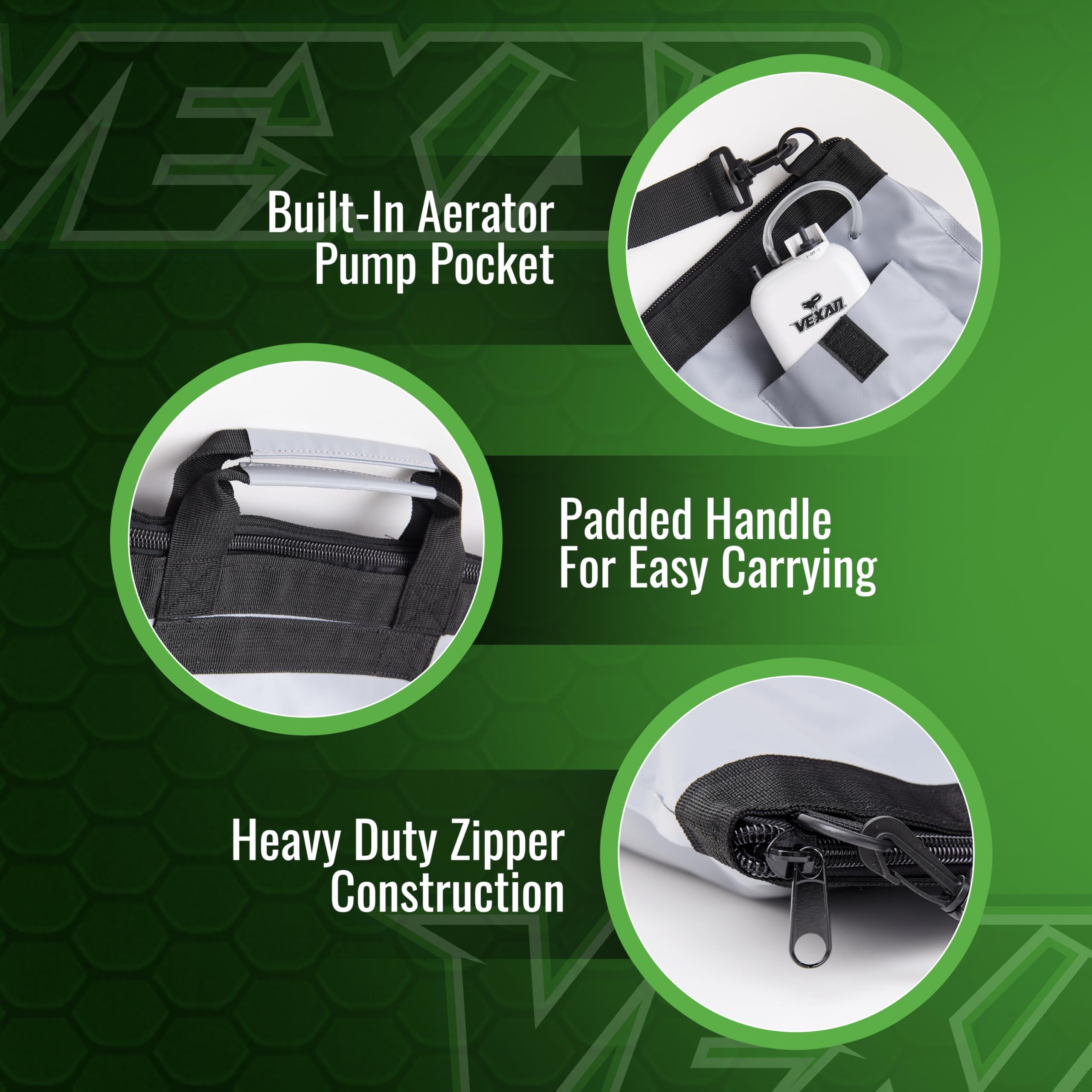 Vexan weigh-in bag's light-grey shell reflects heat to reduce stress on live catch