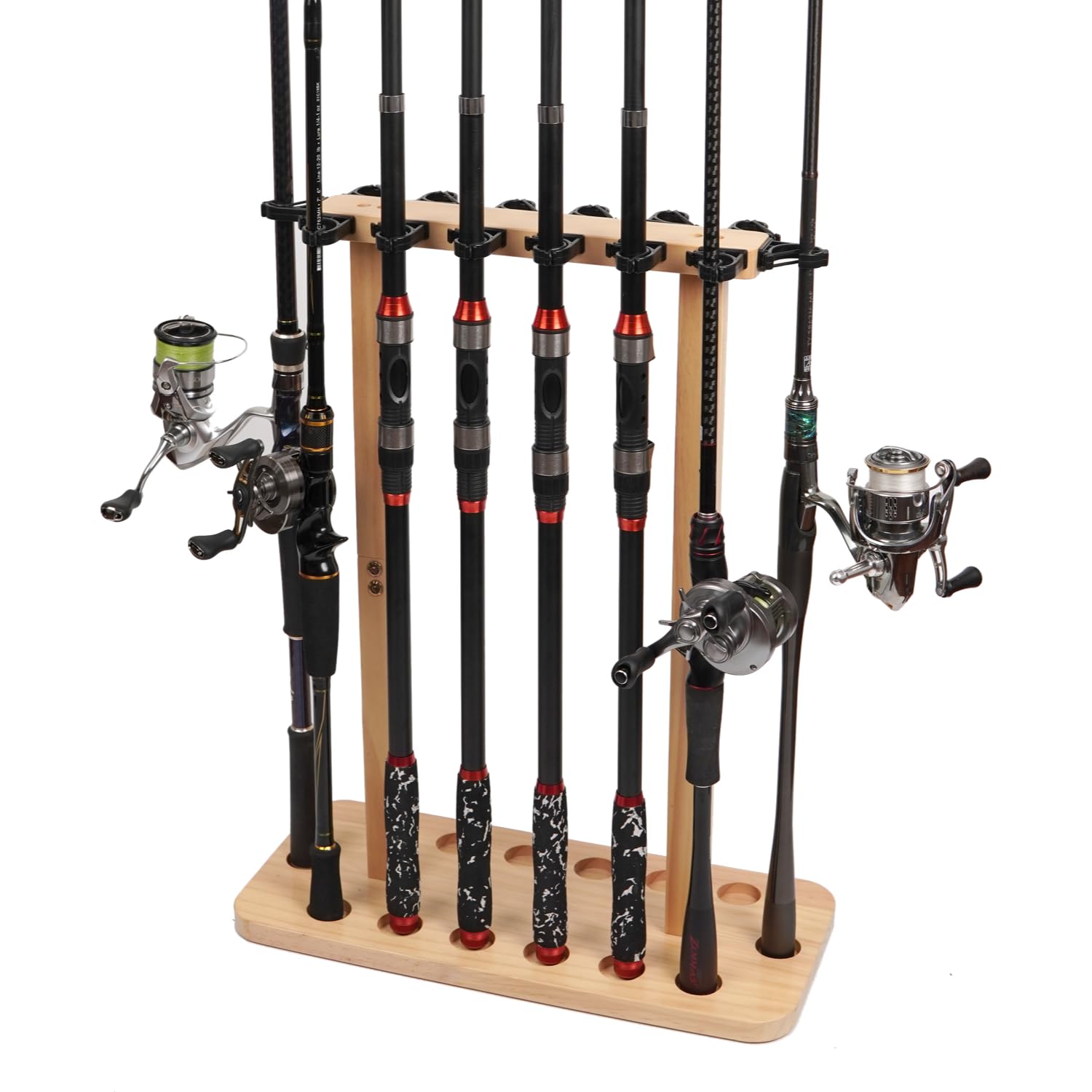 VEYWANE fishing rod storage rack wood stand keeps gear organized and ready to grab.