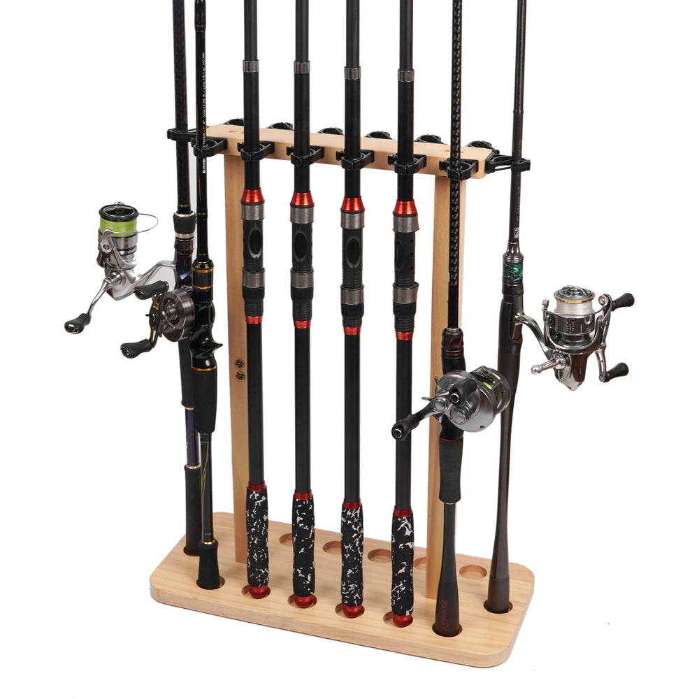 VEYWANE fishing rod storage rack wood stand keeps gear organized and ready to grab.