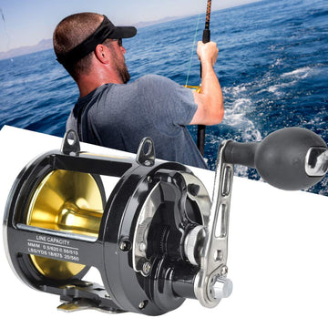 VGEBY two-speed conventional jigging reel handle close-up emphasizes comfortable olive-shaped grip.