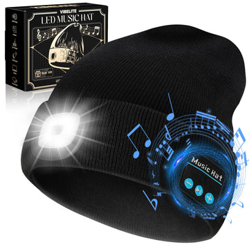 VIBELITE beanie with light on showing hands-free illumination for nighttime activities.