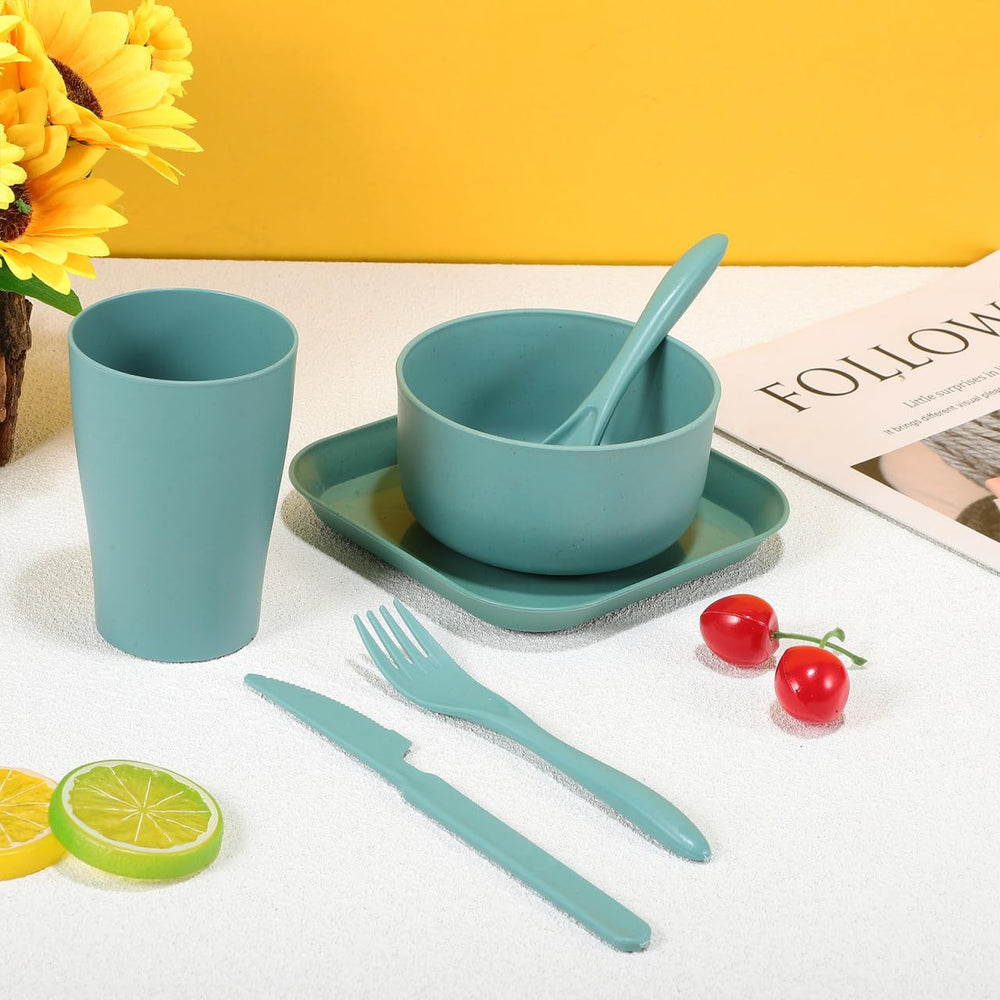 Vicasky wheat straw dining set, portable six-piece kit for apartments and dorms.