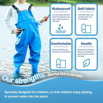 VicBre Kids chest waders adjustable straps provide flexible, comfortable movement on muddy banks.