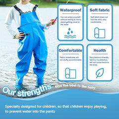 VicBre Kids chest waders adjustable straps provide flexible, comfortable movement on muddy banks.