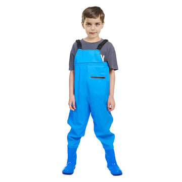 VicBre Kids chest waders blue full set for reliable waterproof protection during water play.