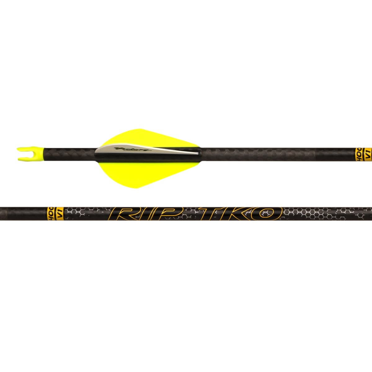 Victory Archery RIP TKO 0.204 yellow-fletched arrow for quick target acquisition and high visibility.