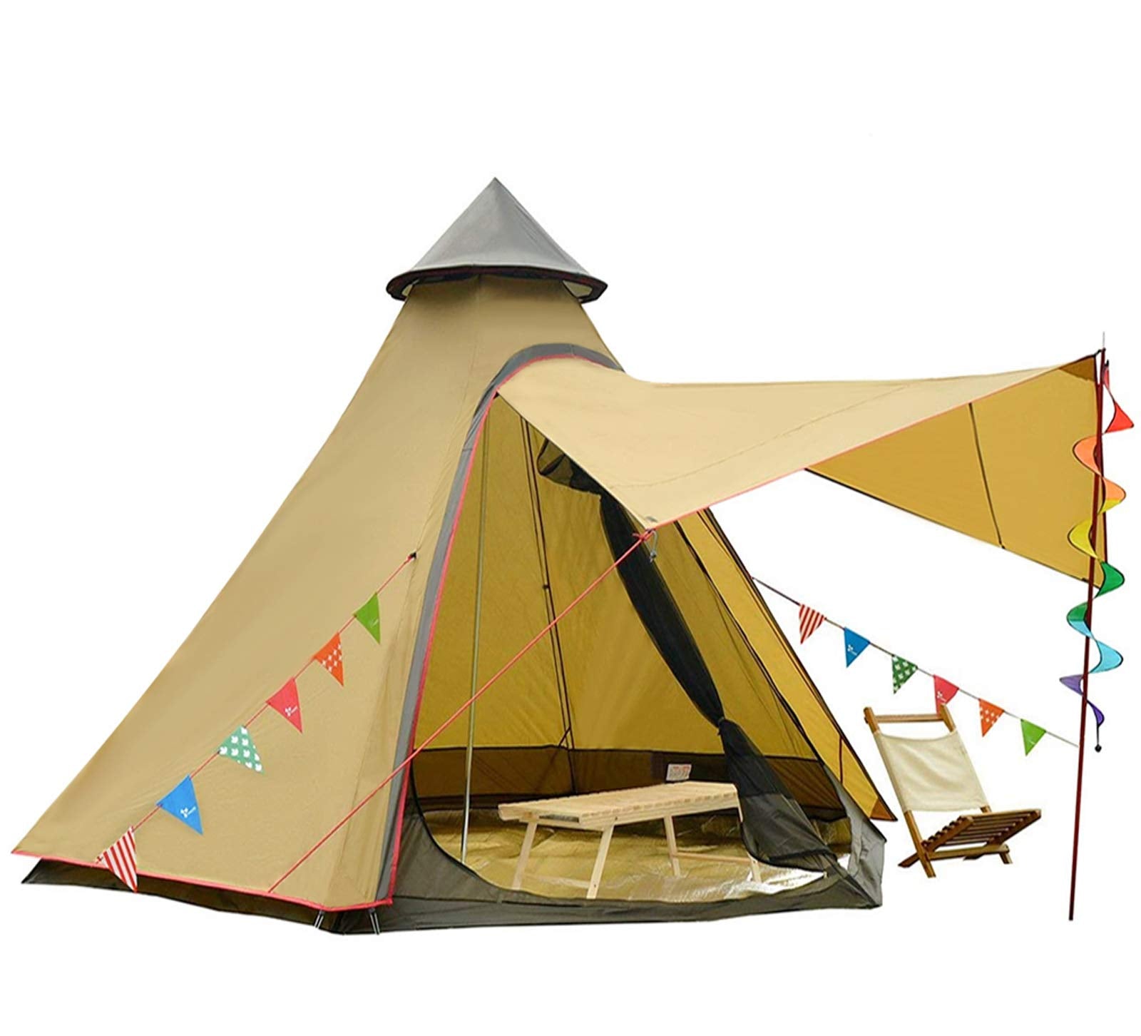 Vidalido dome tent front view in yellow, showing spacious family shelter.