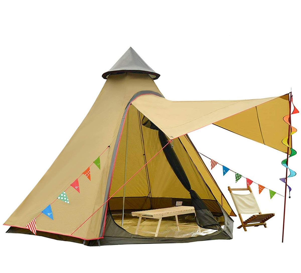 Vidalido dome tent front view in yellow, showing spacious family shelter.