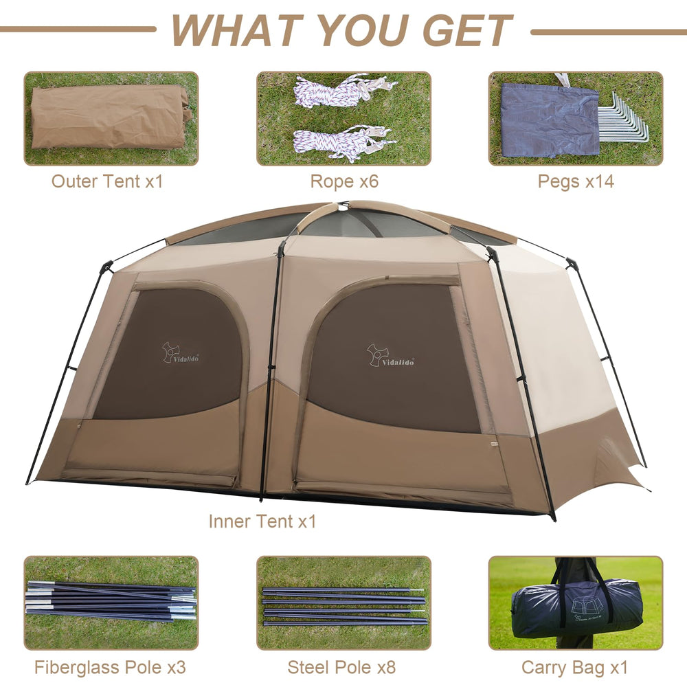 Vidalido Tents extended rainfly coverage for all-weather protection.