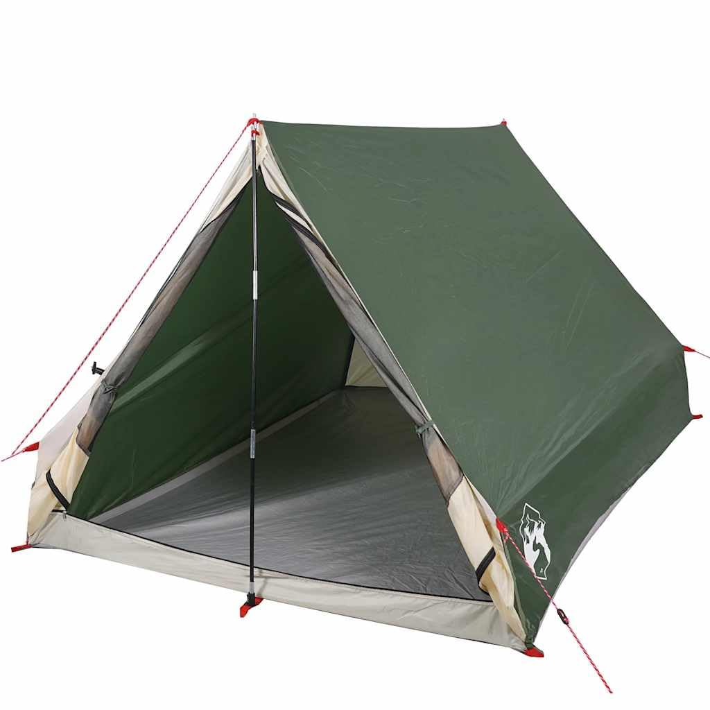vidaXL camping tent A-frame 2-person green front view highlights weather protection for outdoor entry