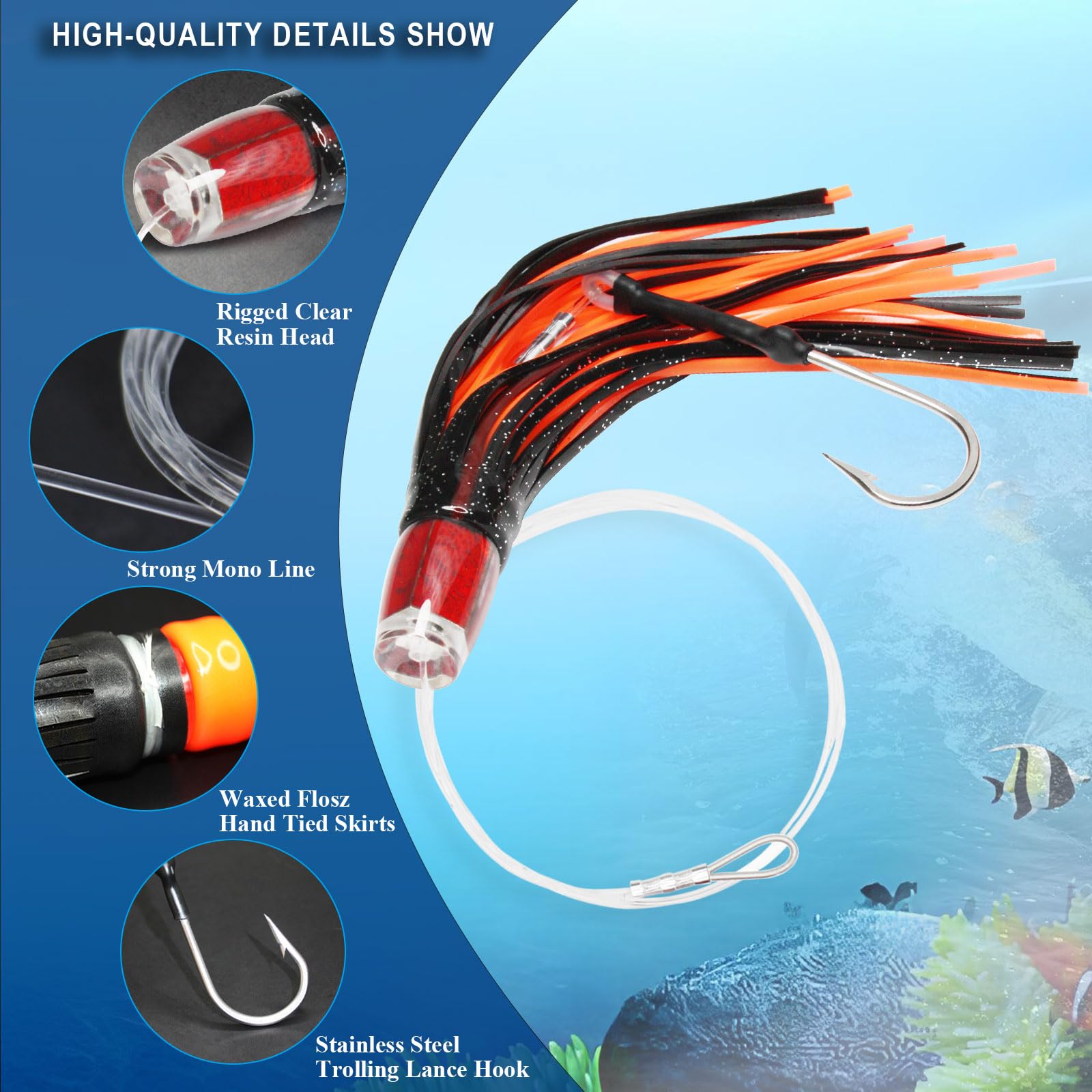VIKETECH OFFSHORE stainless steel 9/0 hook trolling lure for marlin, tuna, and wahoo.