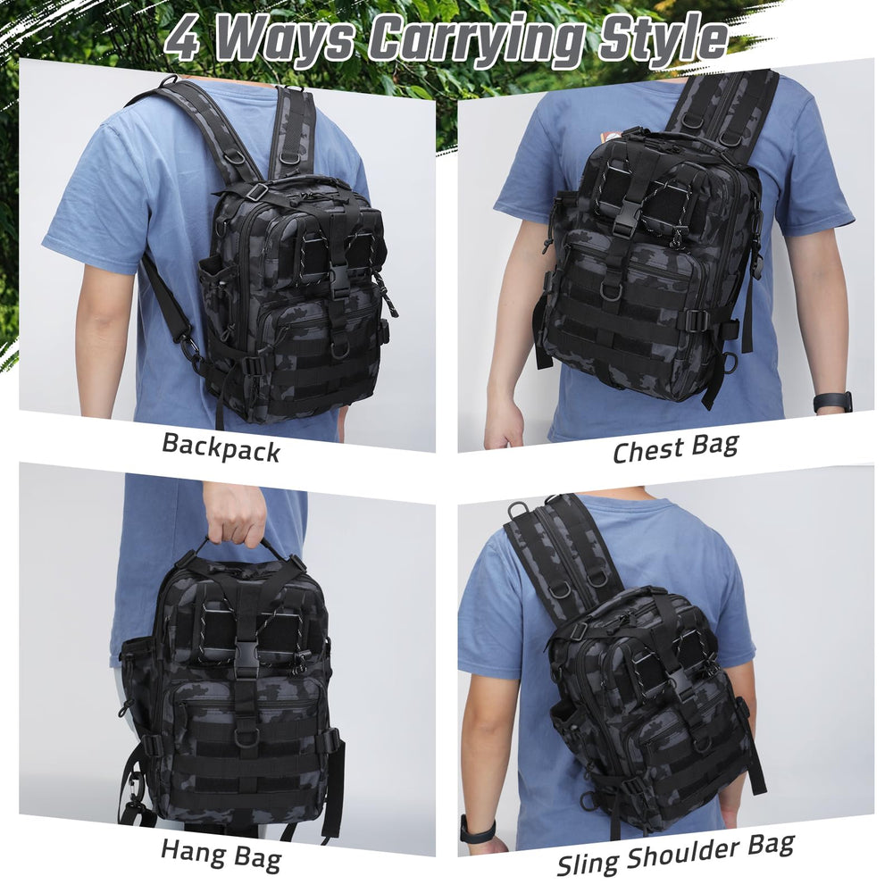 Vilante blue tackle backpack showing multiple storage compartments for gear