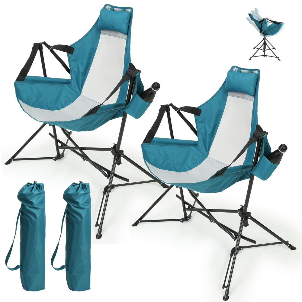 Villeston Hammock Folding Chair blue folded for easy transport and storage.