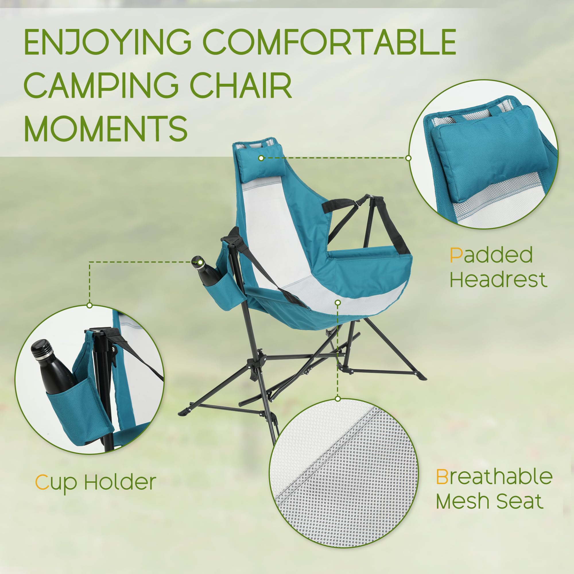 Villeston chair highlights metal crossbar for extra stability on uneven ground.