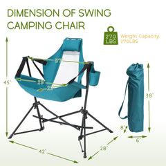 Villeston blue folding chair in use, showcasing gentle swinging motion.