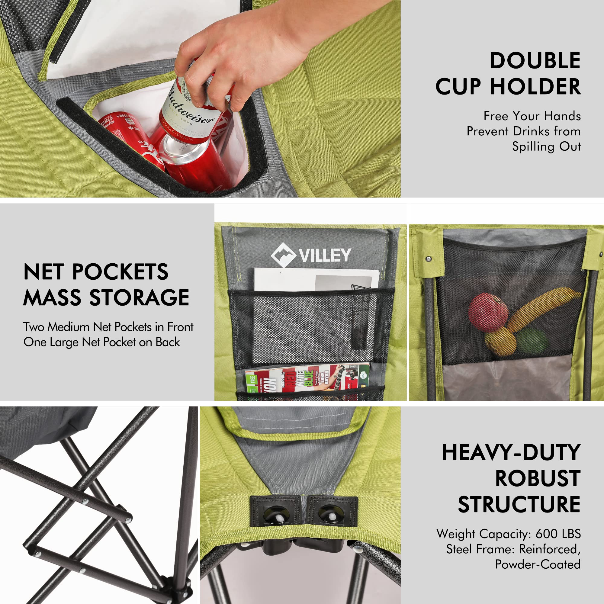 VILLEY cup holders and mesh pockets enhance outdoor organization.
