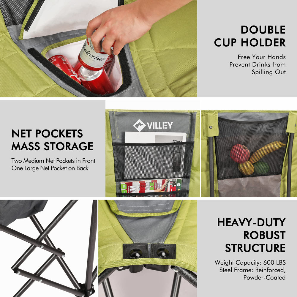 VILLEY cup holders and mesh pockets enhance outdoor organization.