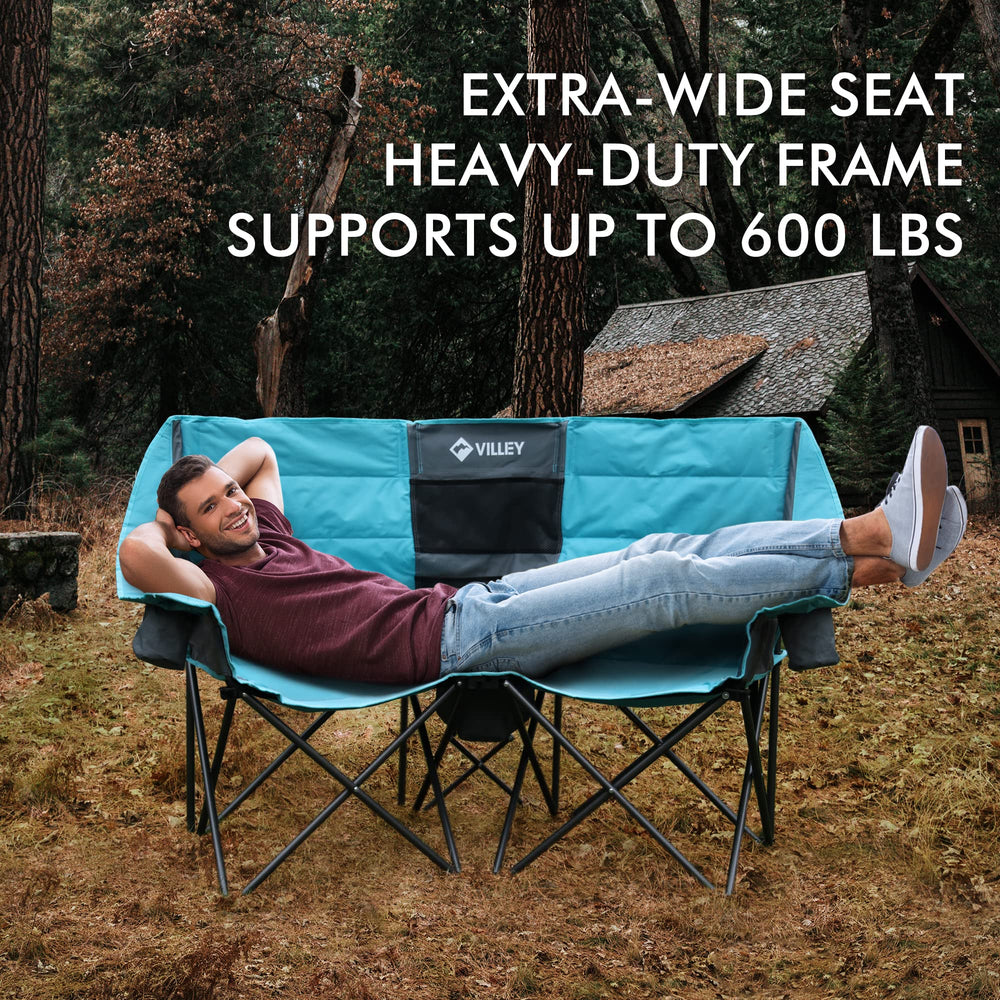 VILLEY double camping chair folded compact for easy transport and storage.