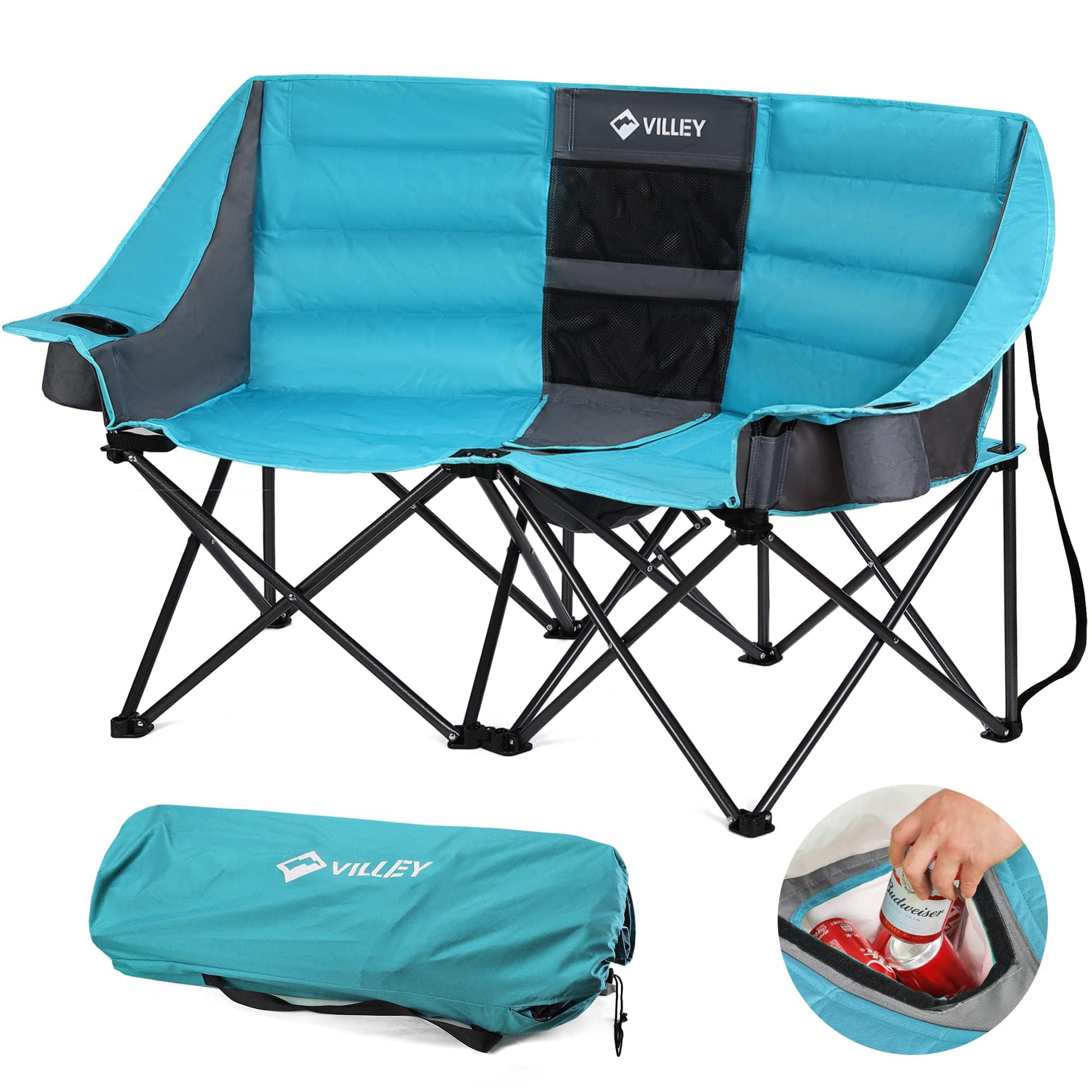 VILLEY double camping chair front view shows roomy two-person seating.