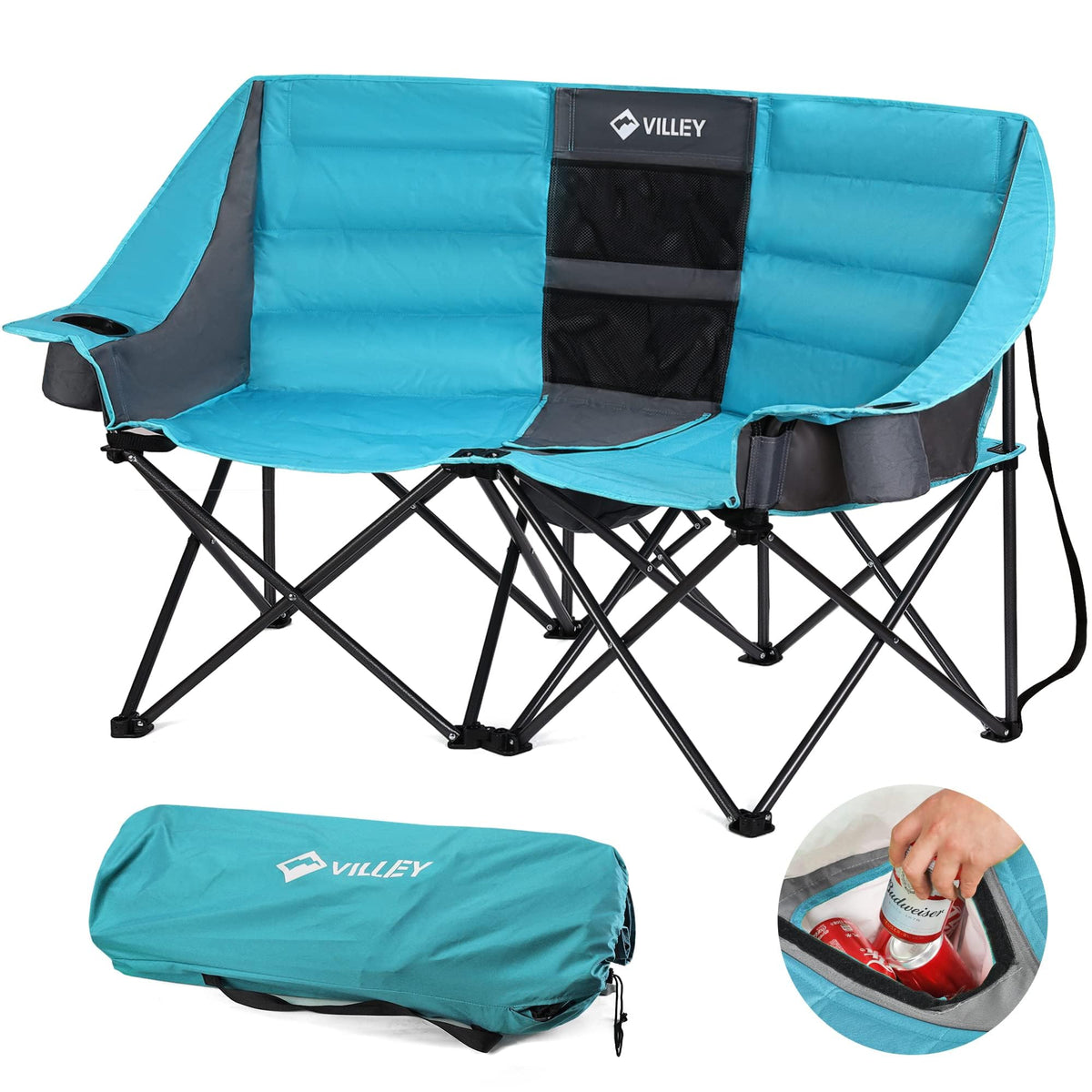VILLEY double camping chair front view shows roomy two-person seating.