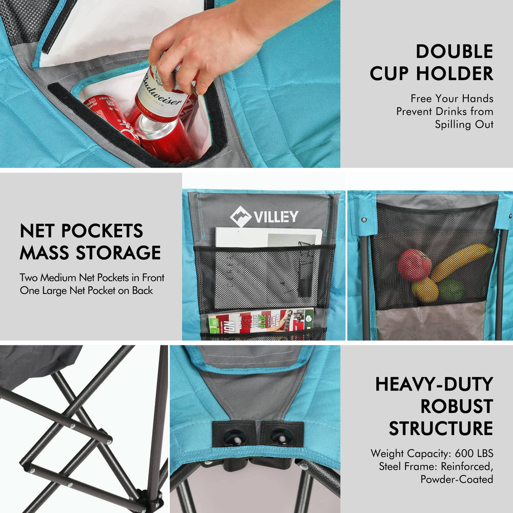 VILLEY double camping chair in use at the beach for portable comfort.
