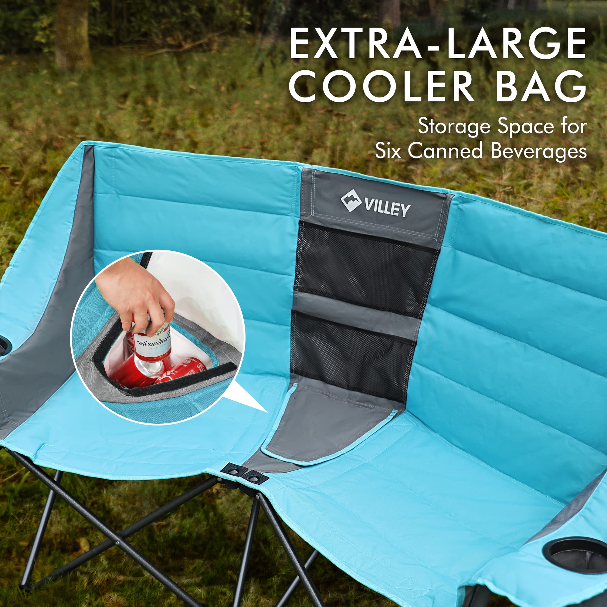 VILLEY double camping chair with carry bag ready for outdoor adventures.