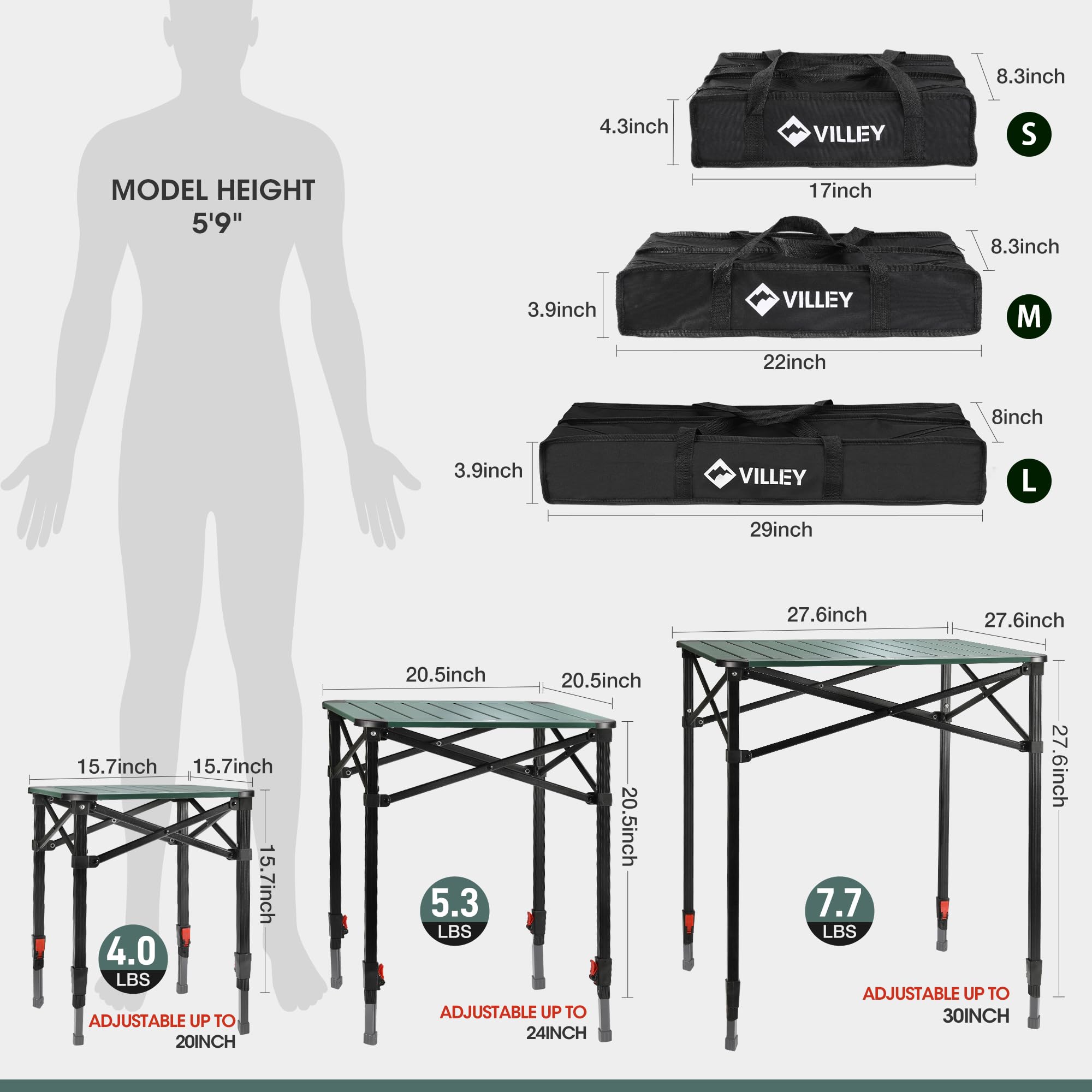VILLEY adjustable legs extended for stable setup on uneven ground
