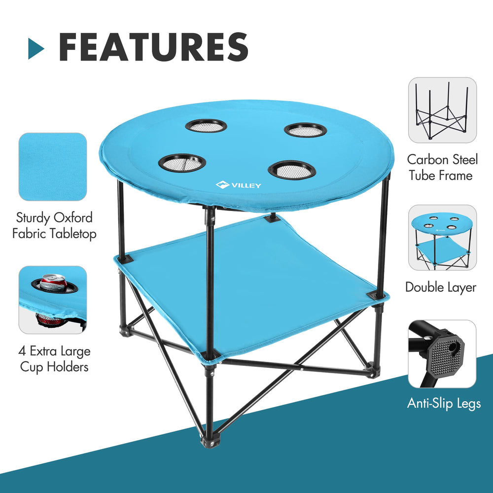 VILLEY folding camping table with 4 cup holders keeping drinks at hand