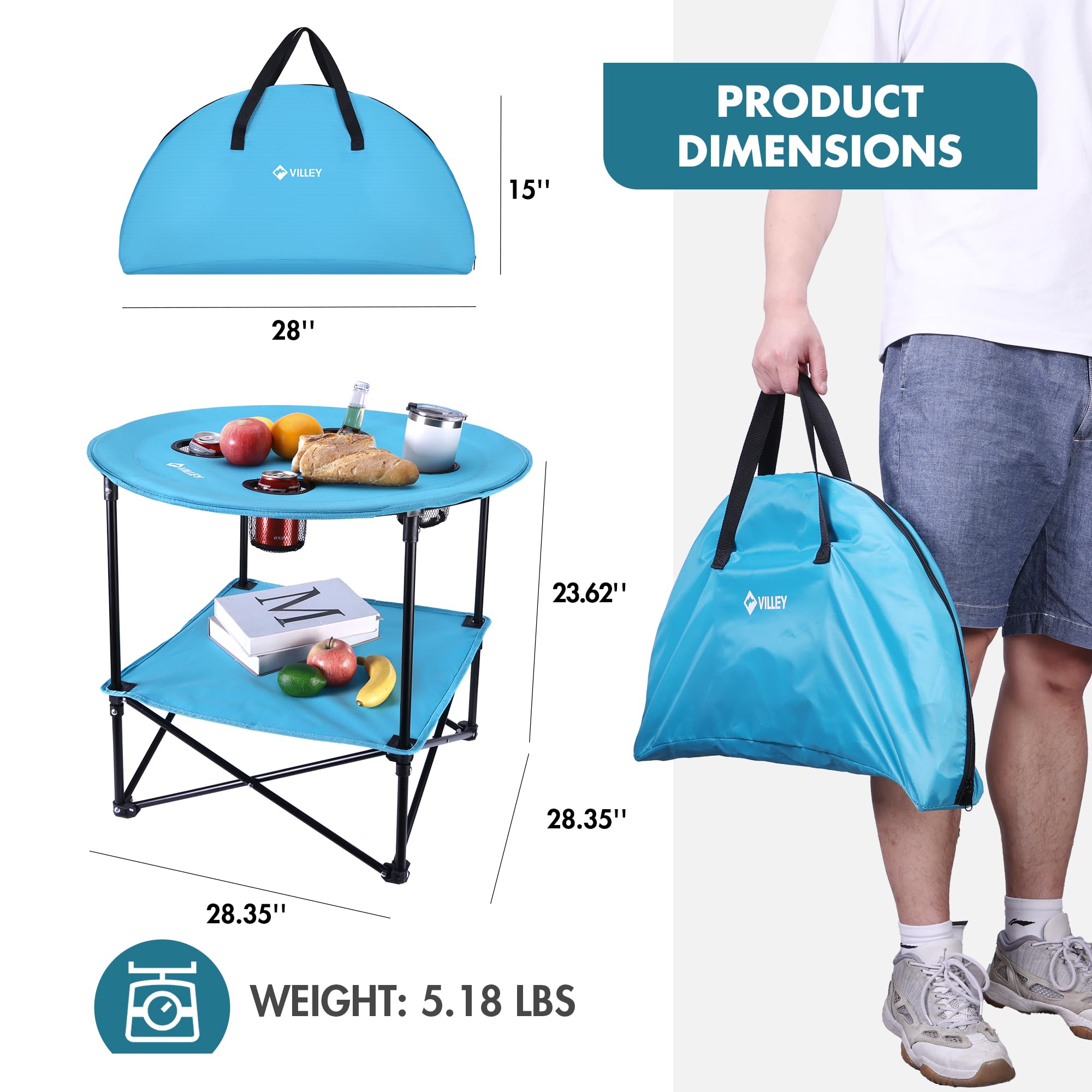 VILLEY folding camping table carbon steel frame with stable setup on uneven ground