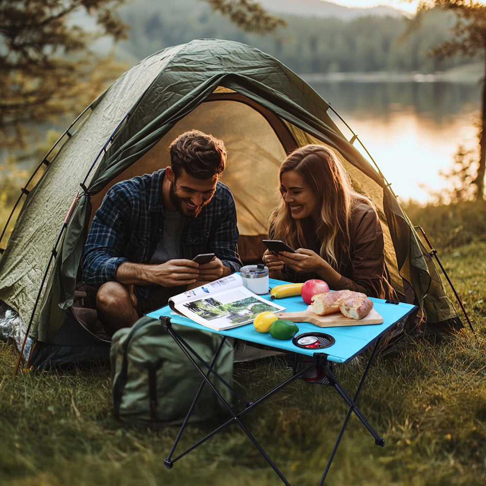 VILLEY folding camping table open layout reveals large work surface for meals and gear.