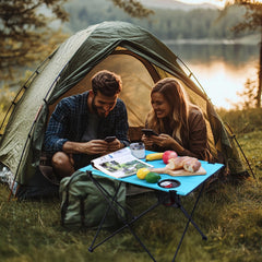 VILLEY folding camping table open layout reveals large work surface for meals and gear.