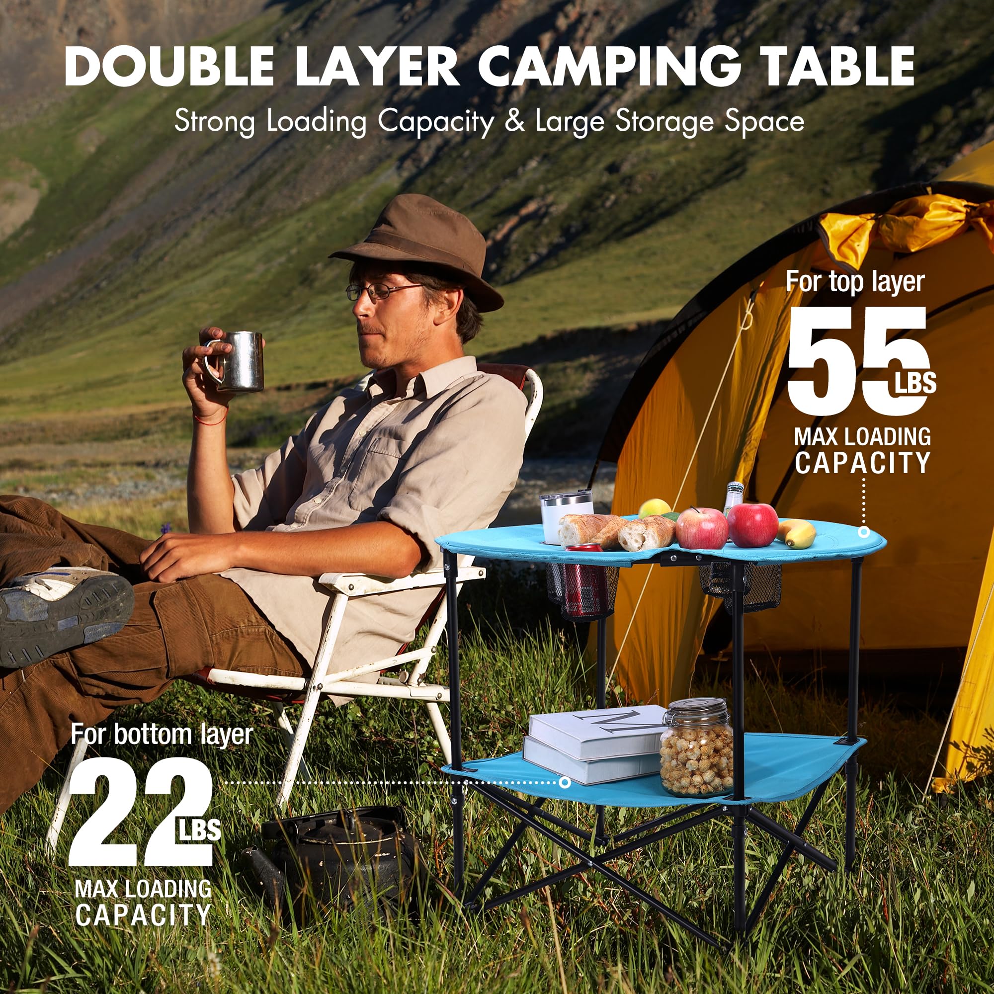 VILLEY folding camping table oxford fabric top close-up for durability