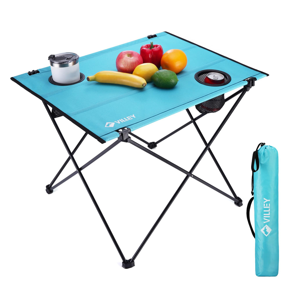 VILLEY folding camping table side view highlights portable design for meals on the go.