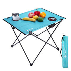 VILLEY folding camping table side view highlights portable design for meals on the go.
